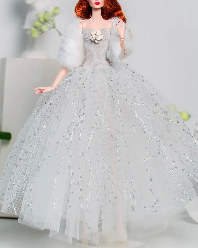 DOLLY® DOLL BARBIE CLOTHES SET DIOR WITH SILVER GREY DRESS + FUR + SHOES FOR 12 inch 30 cm 1/6 scale fashion dolls