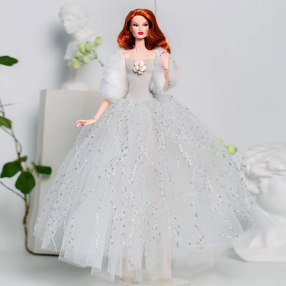 DOLLY® DOLL CLOTHES SET DIOR WITH SILVER GREY DRESS + FUR + SHOES FOR 12 inch 30 cm 1/6 scale fashion dolls