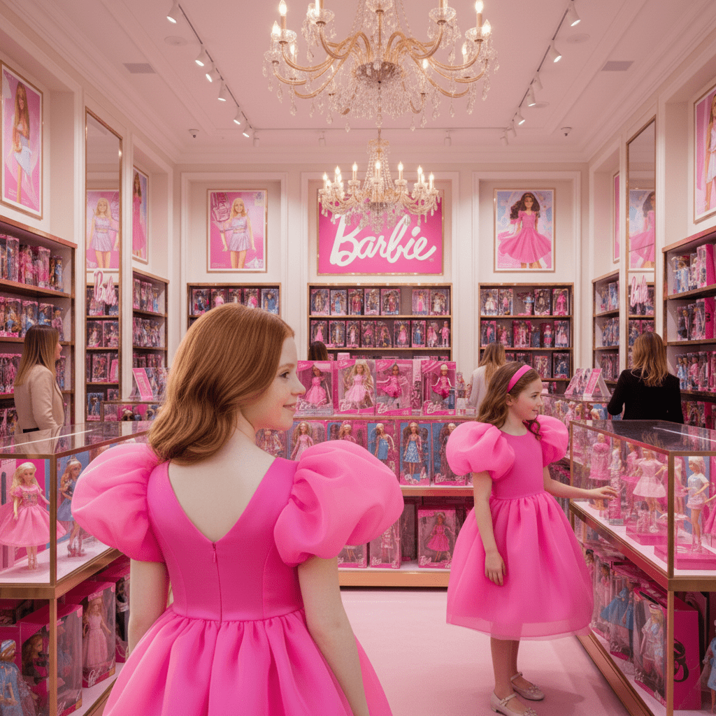 Two women in a Barbie-themed store with shelves filled with dolls and Barbie memorabilia.