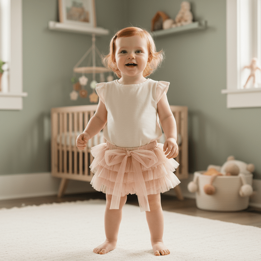 Child in a pink tutu standing in a nursery room