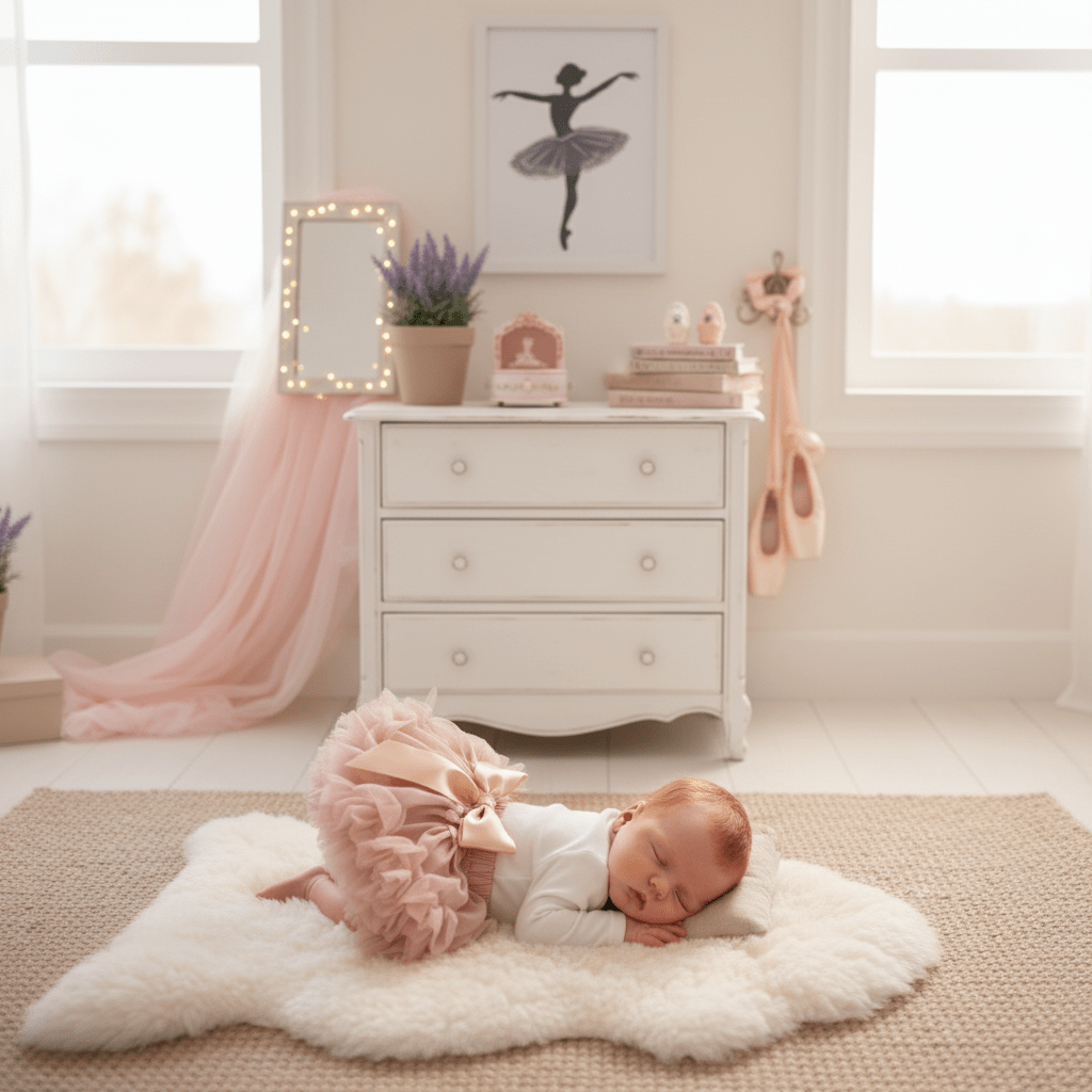 Baby in a tutu lying on a fluffy rug in a nursery with a dresser and decorative items.