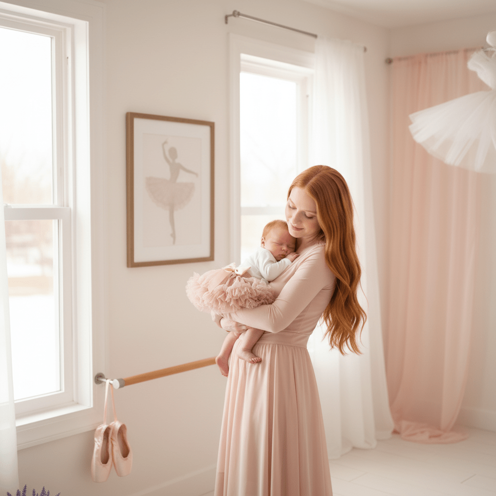 Woman holding a baby in a ballet-themed room with pink tutu and ballet shoes.