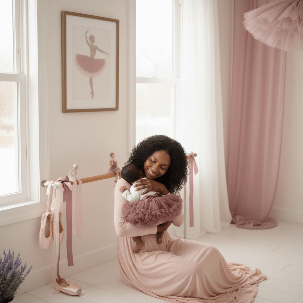 Woman in a pink dress holding a child in a room with ballet-themed decor.
