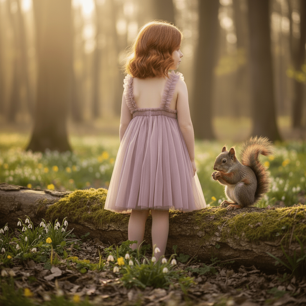 Young girl in a purple dress standing next to a squirrel in a forest.