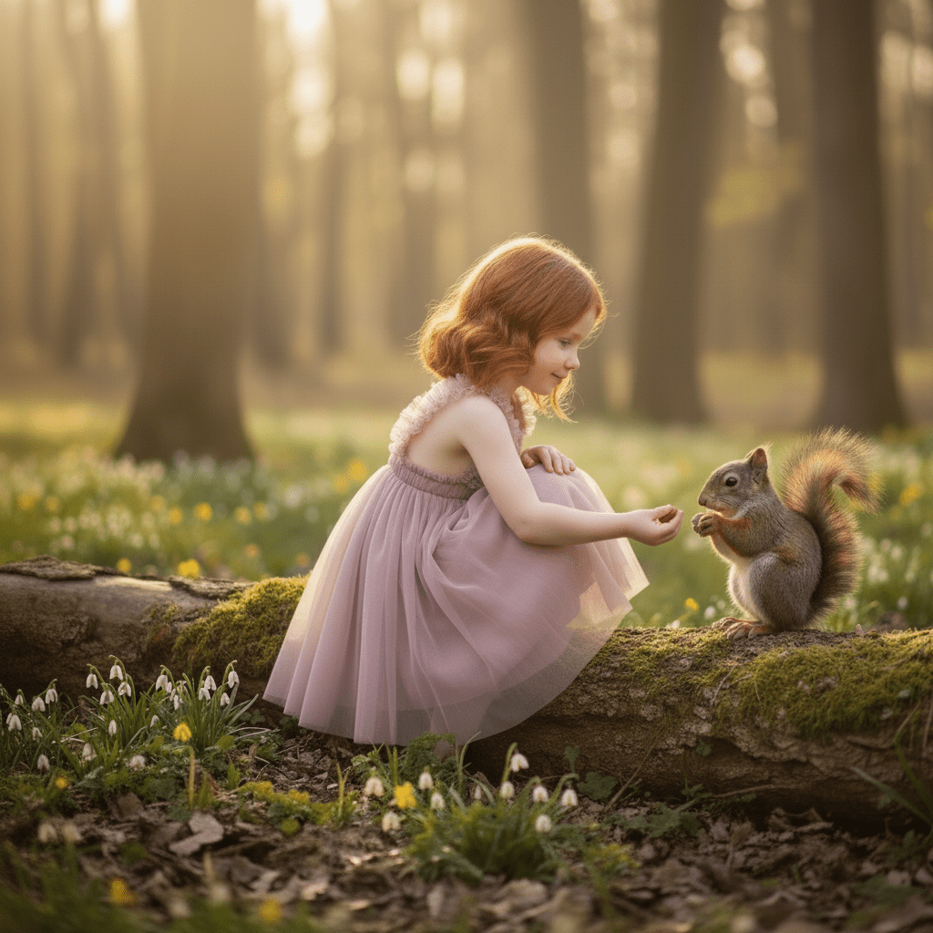 Young girl in a pink dress interacting with a squirrel in a forest setting.