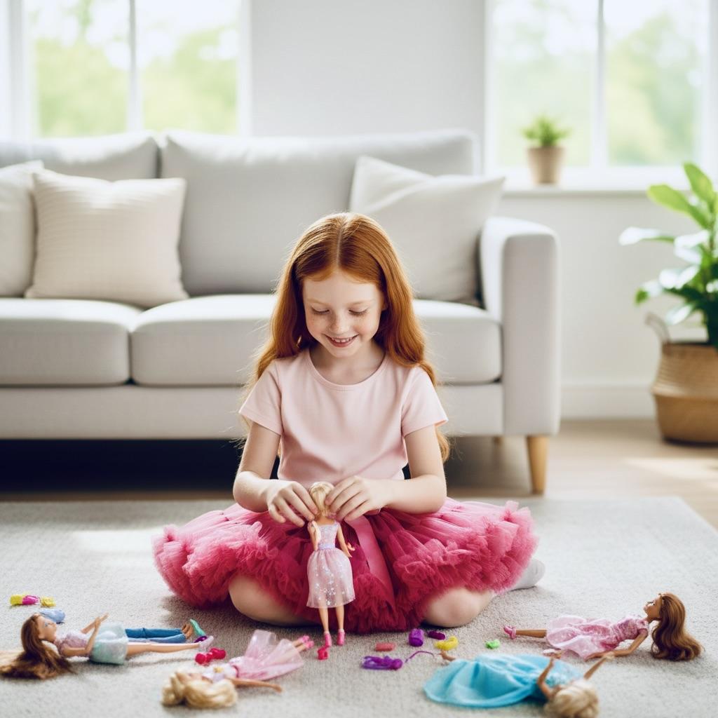Young girl playing with dolls on a carpeted floor in a living room.