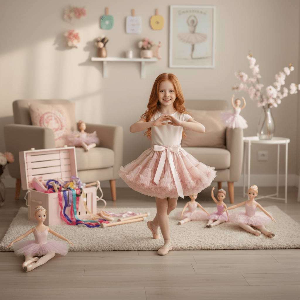 Young girl in a tutu standing in a room with ballet-themed decor and dolls.