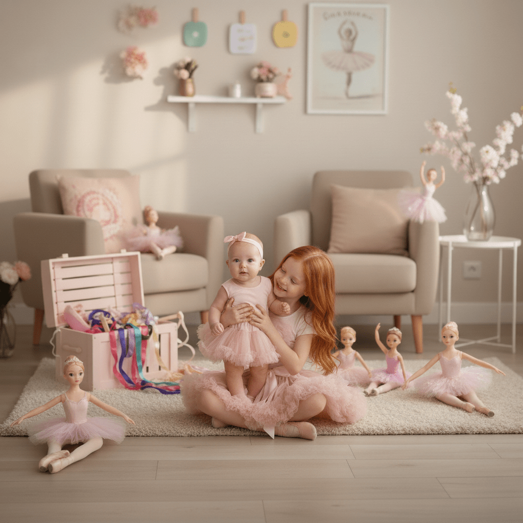 Woman and child in a room with ballerina-themed decor and dolls.