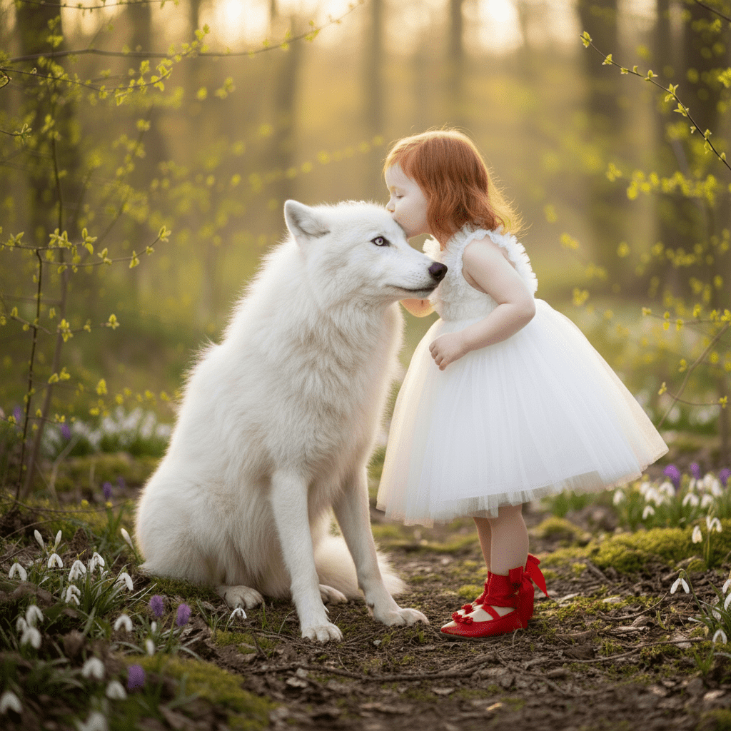 Young girl in a white dress and red shoes standing next to a white wolf in a forest setting.