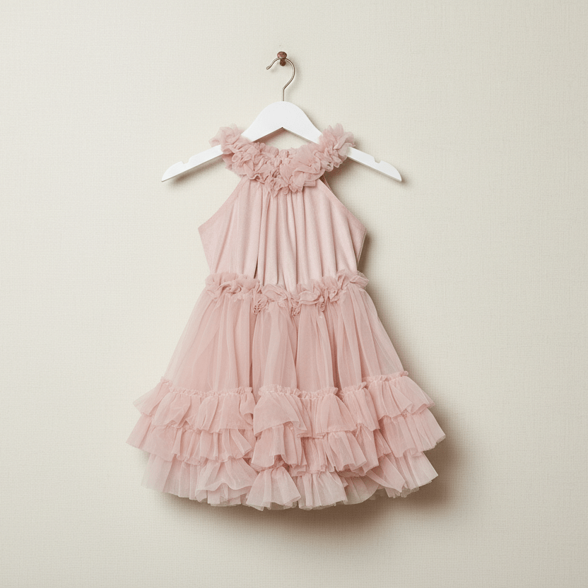 Pink ruffled dress on a hanger against a beige background