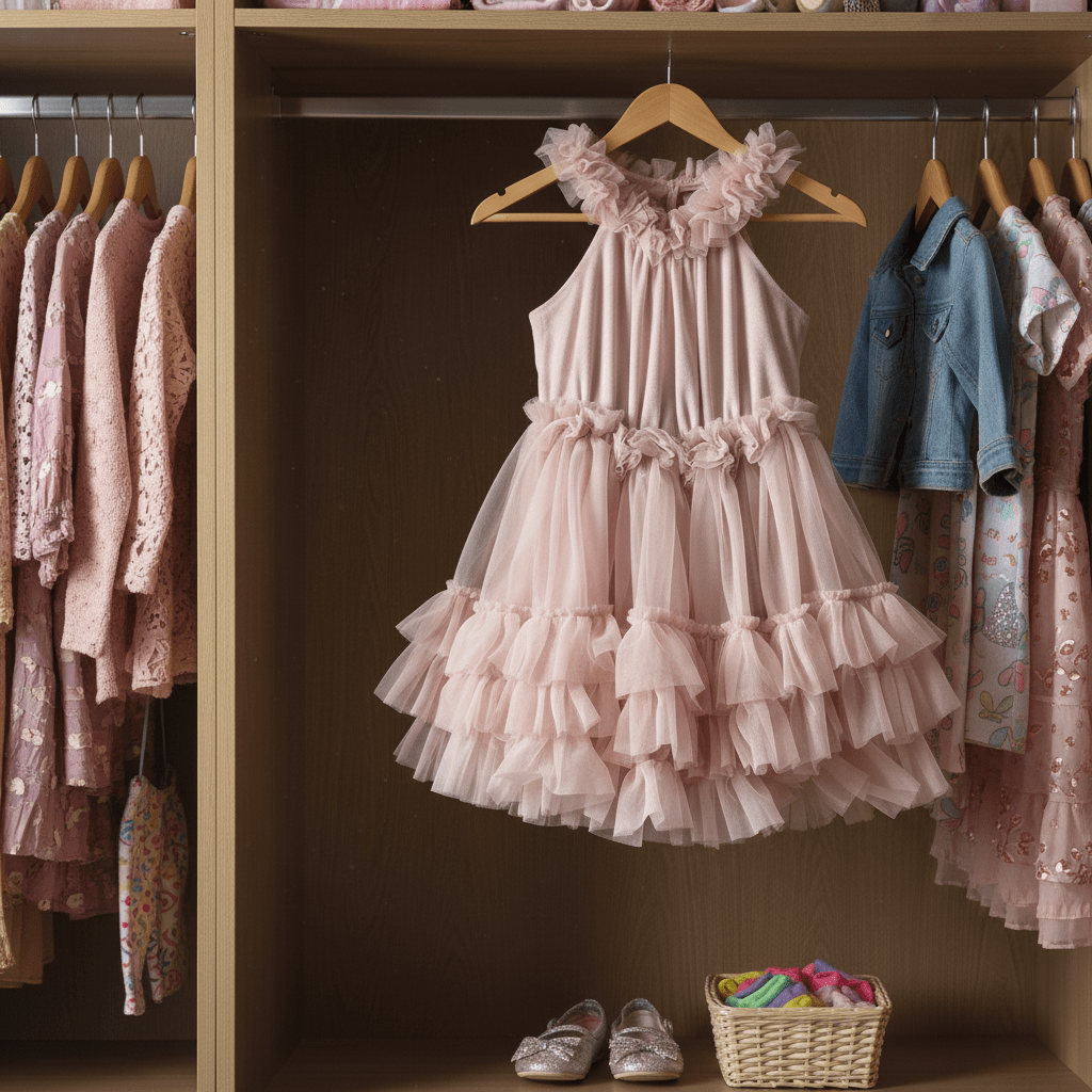 Pink ruffled dress hanging on a rack with other children's clothing in a closet.