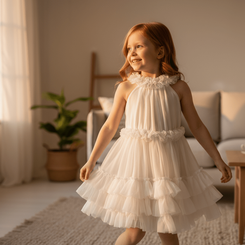 Young girl in a white dress standing in a softly lit room with a plant and furniture in the background.