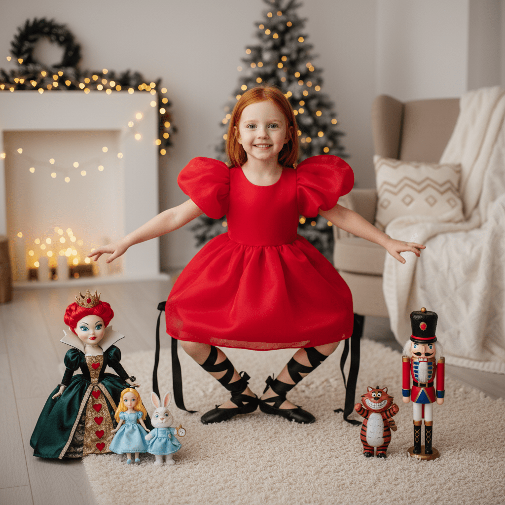 Young girl in a red dress with Christmas decorations and toys around her.