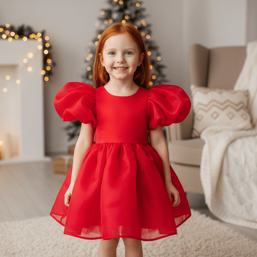 Young girl in a red dress with puffed sleeves standing in a cozy living room.