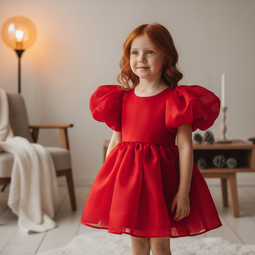 Young girl in a red dress with puffed sleeves standing in a room with a lamp and chair.