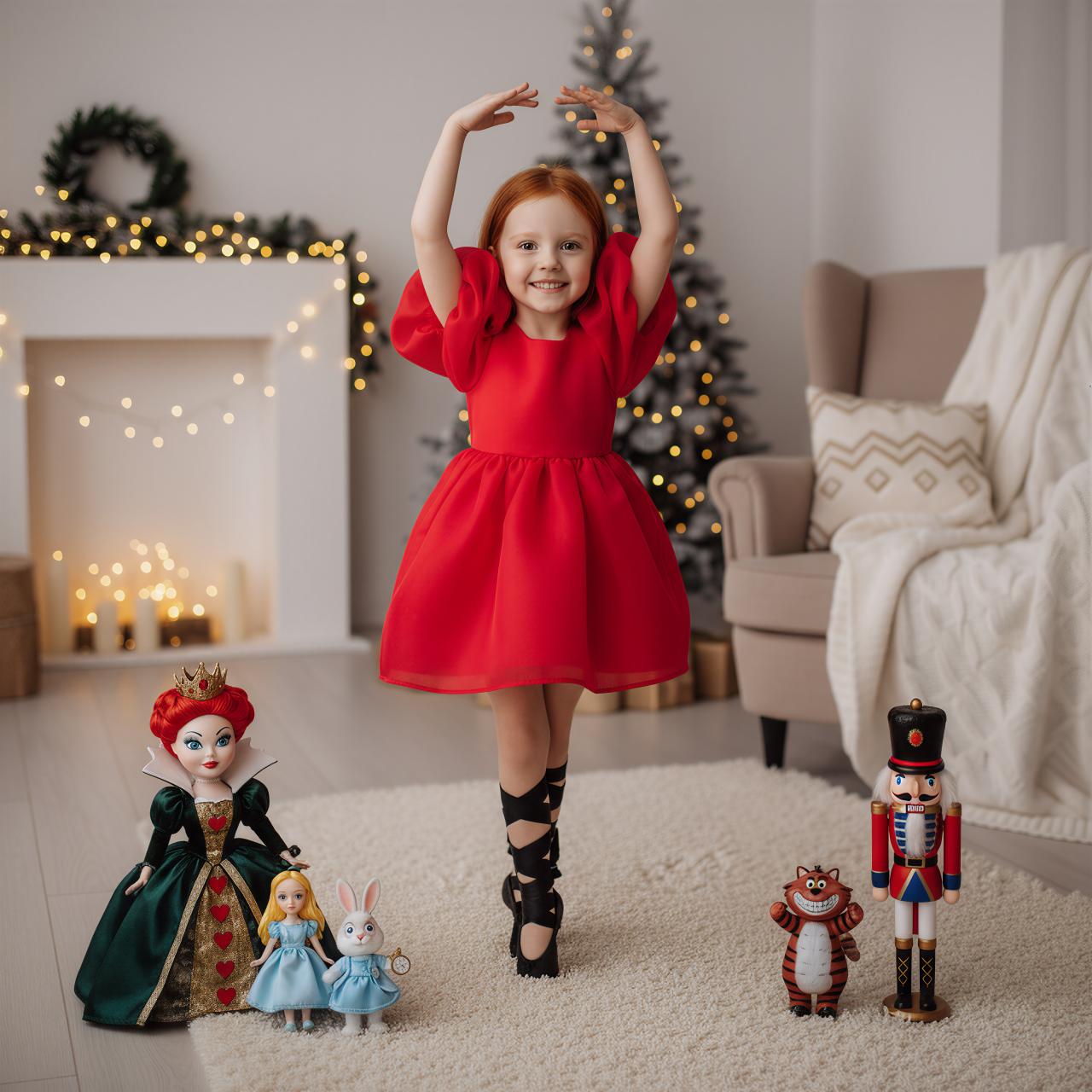 Child in a red dress standing in a room with Christmas decorations and toys.