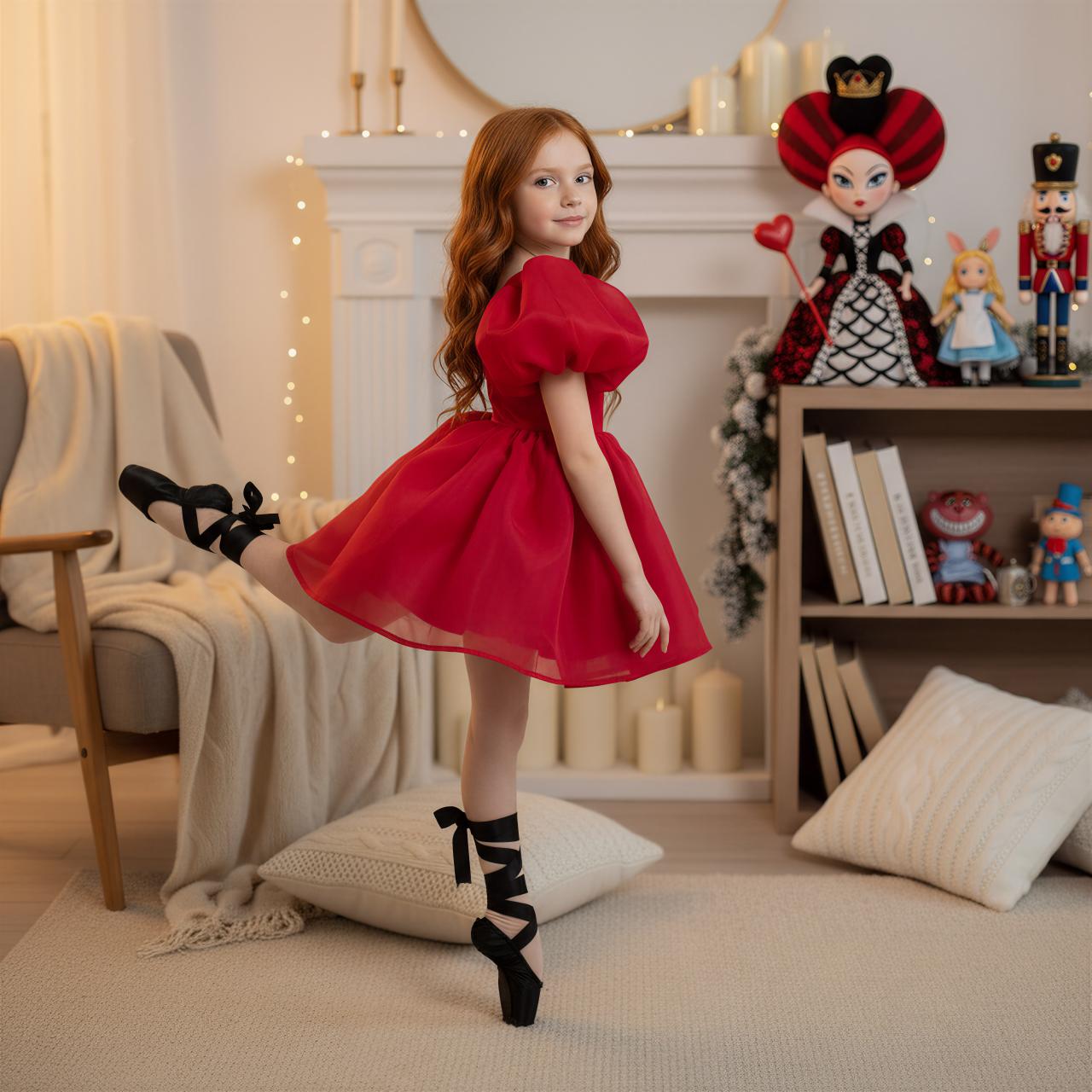 Young girl in a red dress from DOLLY Le Petit Tom® standing in a cozy room with decorative items.