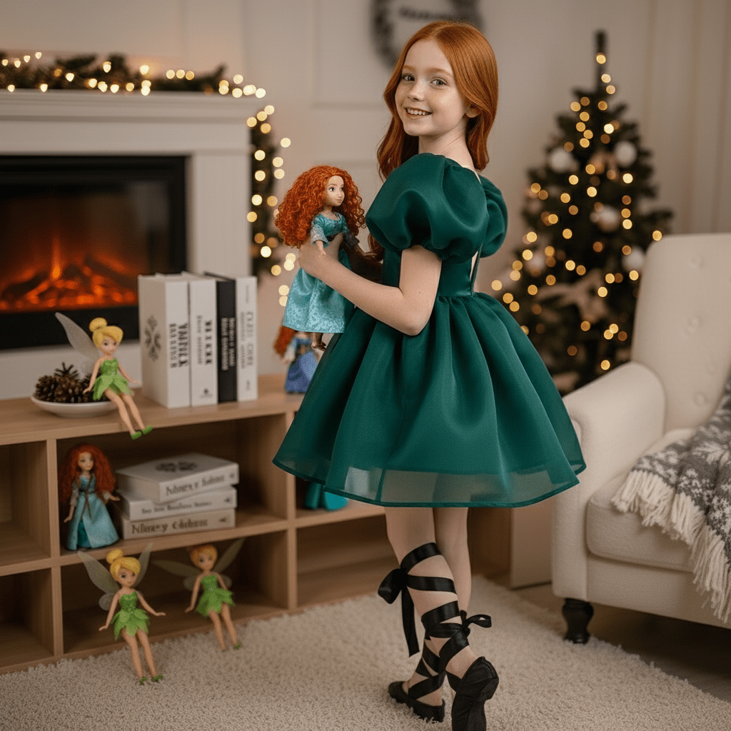 Young girl in a green dress holding a doll in a cozy living room with a Christmas tree and fireplace.