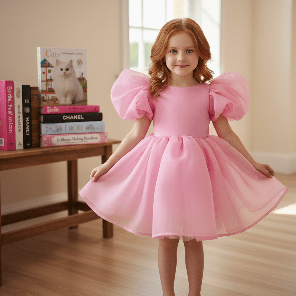 Young girl in a pink dress standing in a room with books on a table.