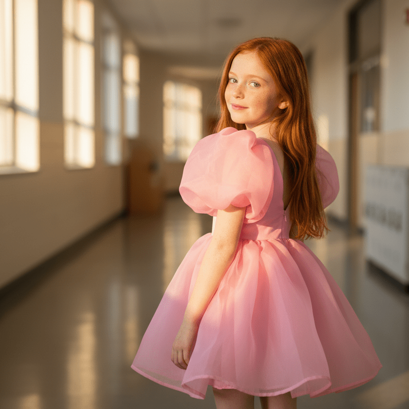 Young girl in a pink dress standing in a sunlit hallway