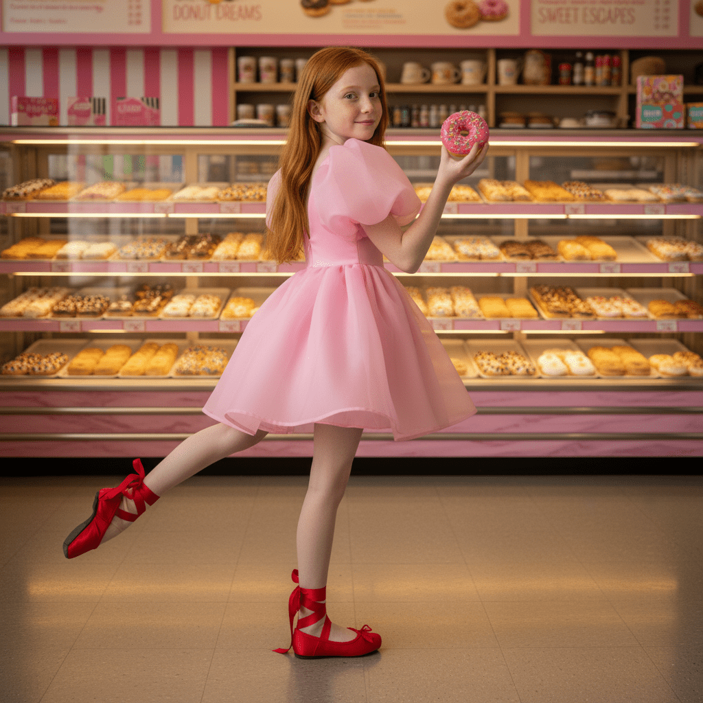 Woman in a pink dress holding a donut in a bakery