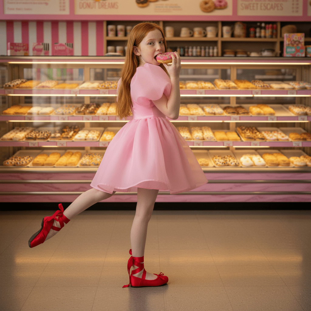 Woman in a pink dress eating a donut in a bakery