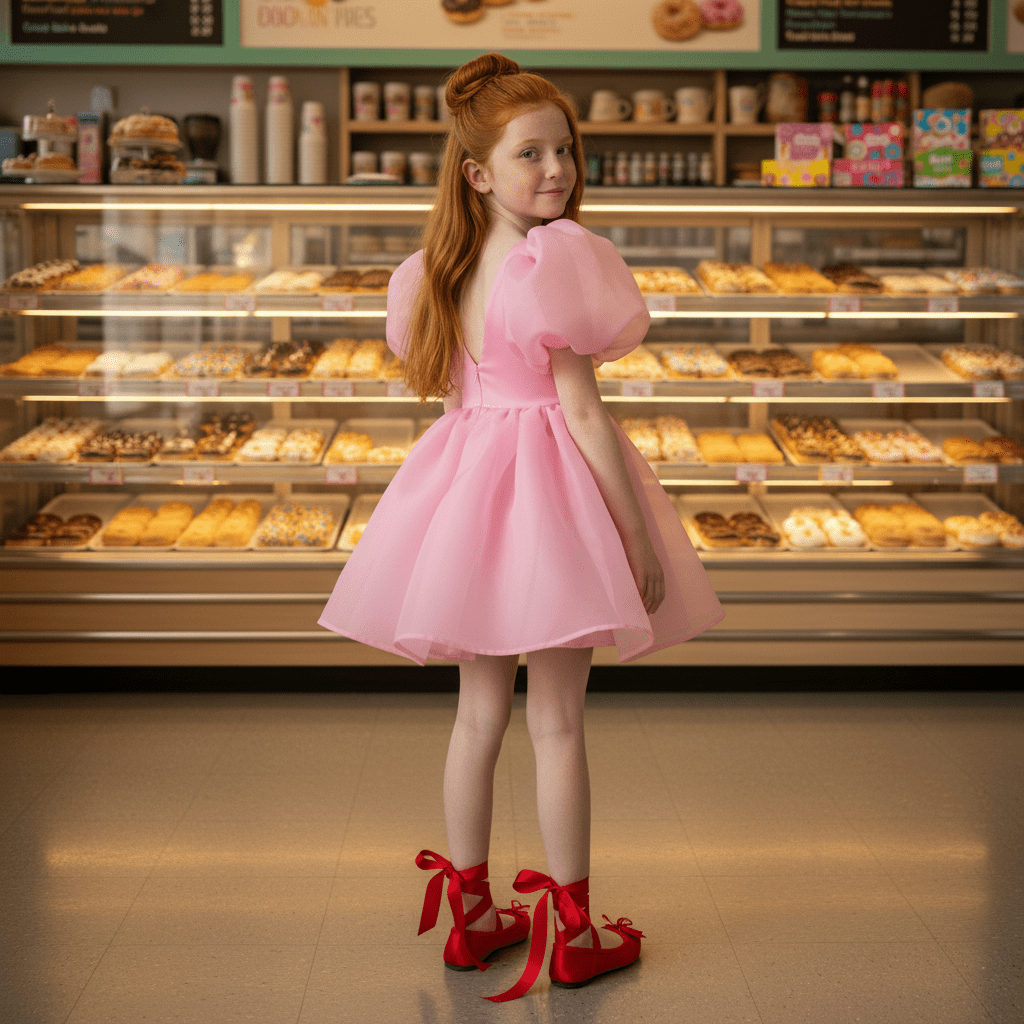 Young girl in a pink dress standing in front of a bakery display case.