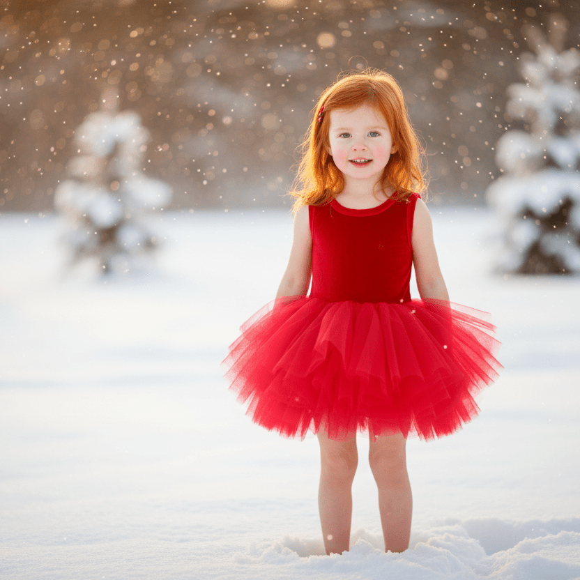 Young girl in a red dress standing in the snow with a blurred snowy background