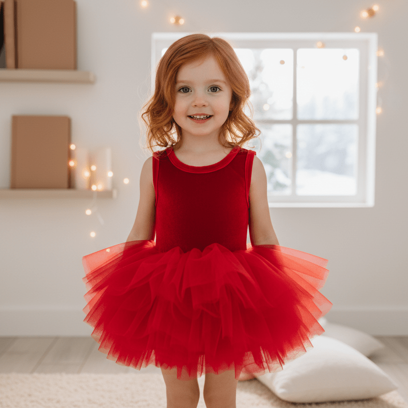 Young girl in a red tutu dress standing in a softly lit room.