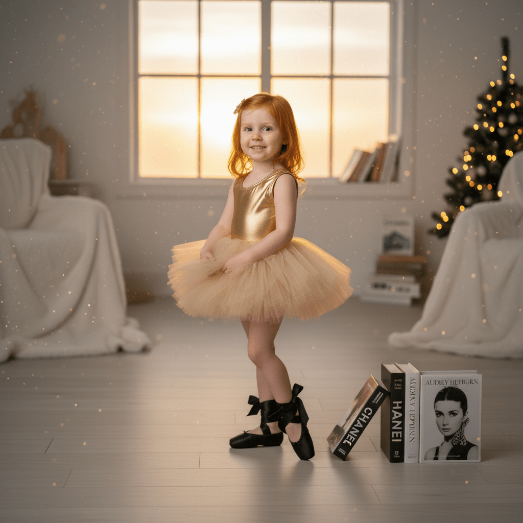Young girl in a gold dress standing in a room with a Christmas tree and books.