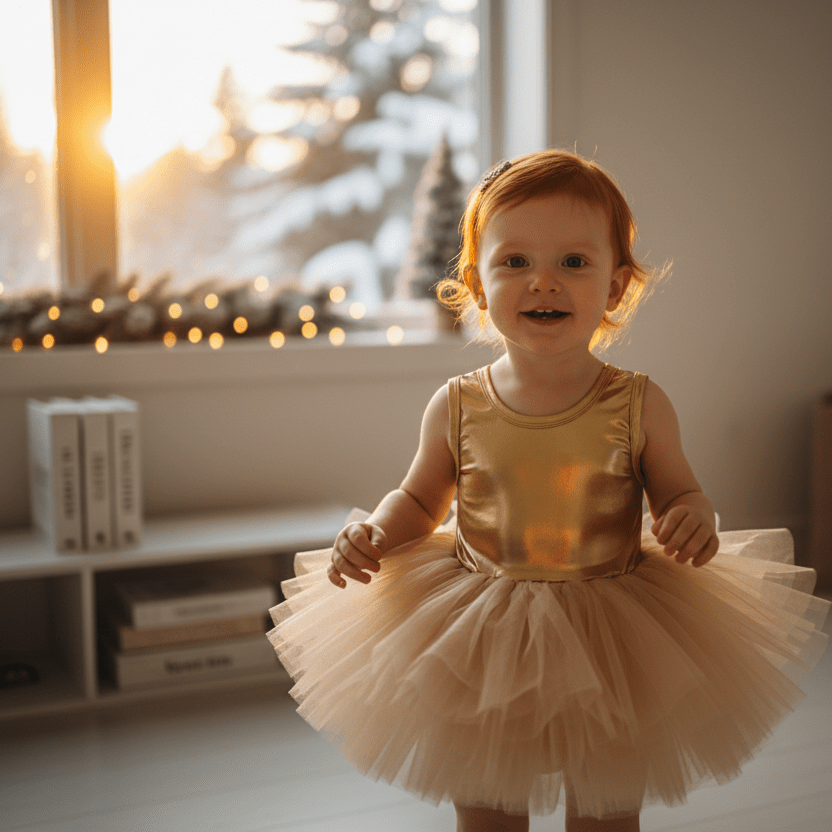 Child in a gold dress standing in a room with a window and decorative lights.