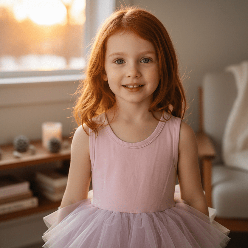 Young girl in a pink dress sitting indoors with a warm, blurred background