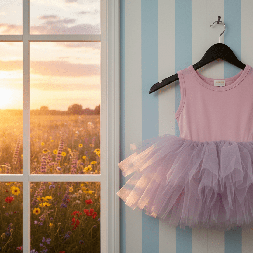Pink dress with tulle skirt on a hanger against a window with a view of a sunset over a field.
