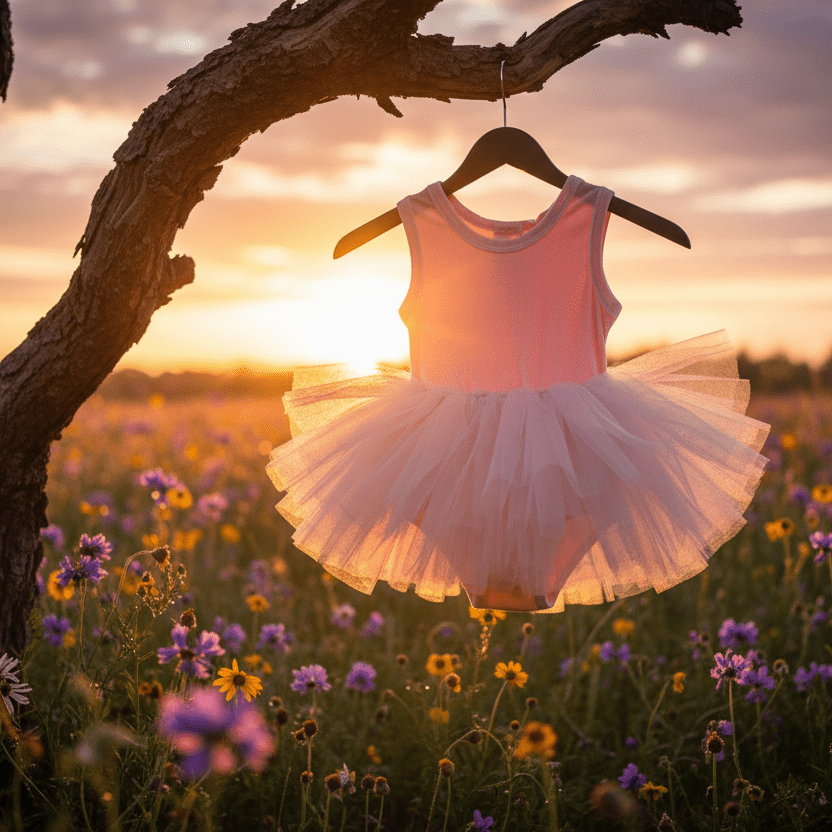 Pink tutu dress on a hanger hanging from a tree branch in a field of flowers with a sunset in the background