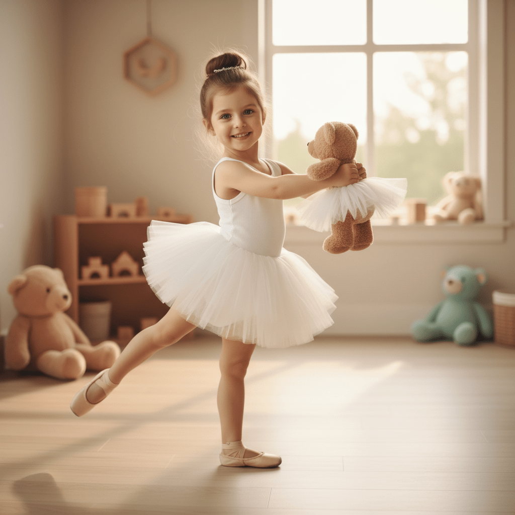 Young girl in a white ballet outfit holding a teddy bear in a room with toys and a window.