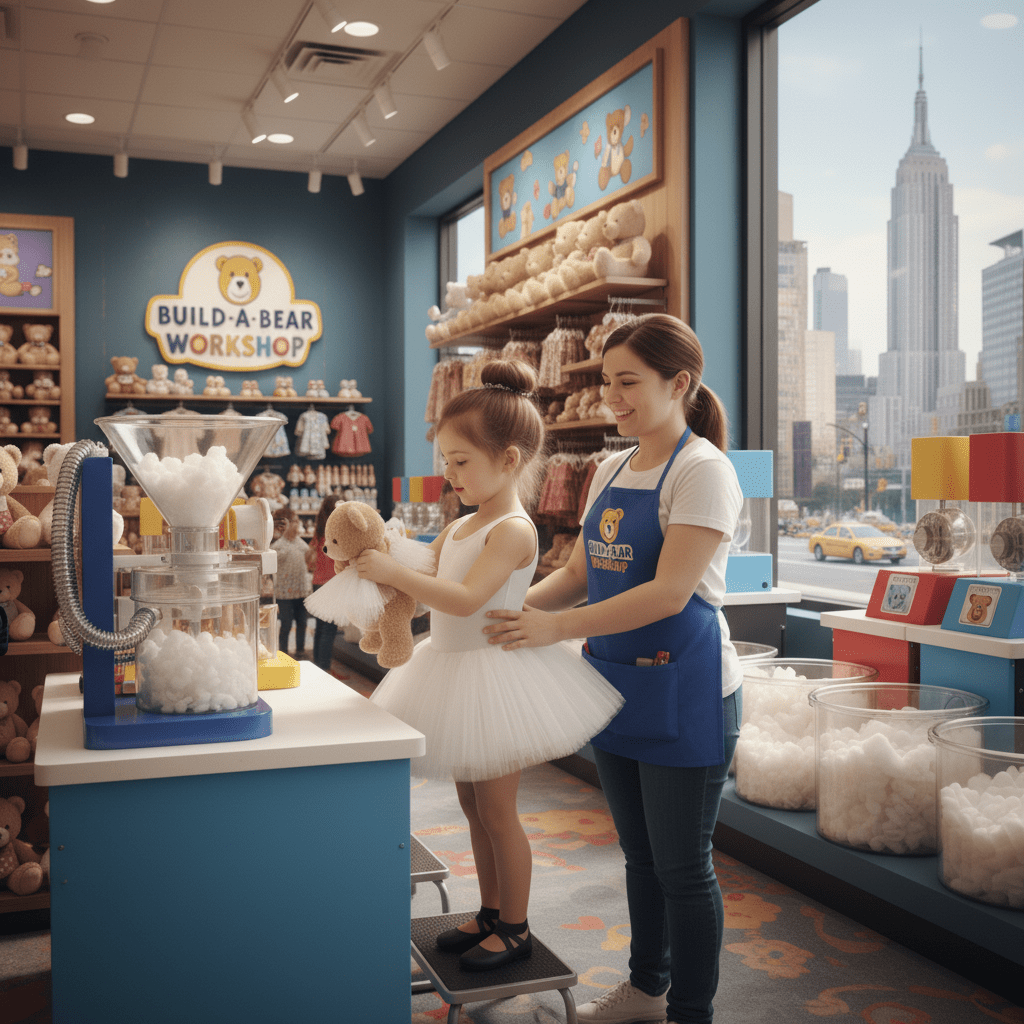 Woman and child in a Build-A-Bear Workshop store with teddy bear and decorative items.