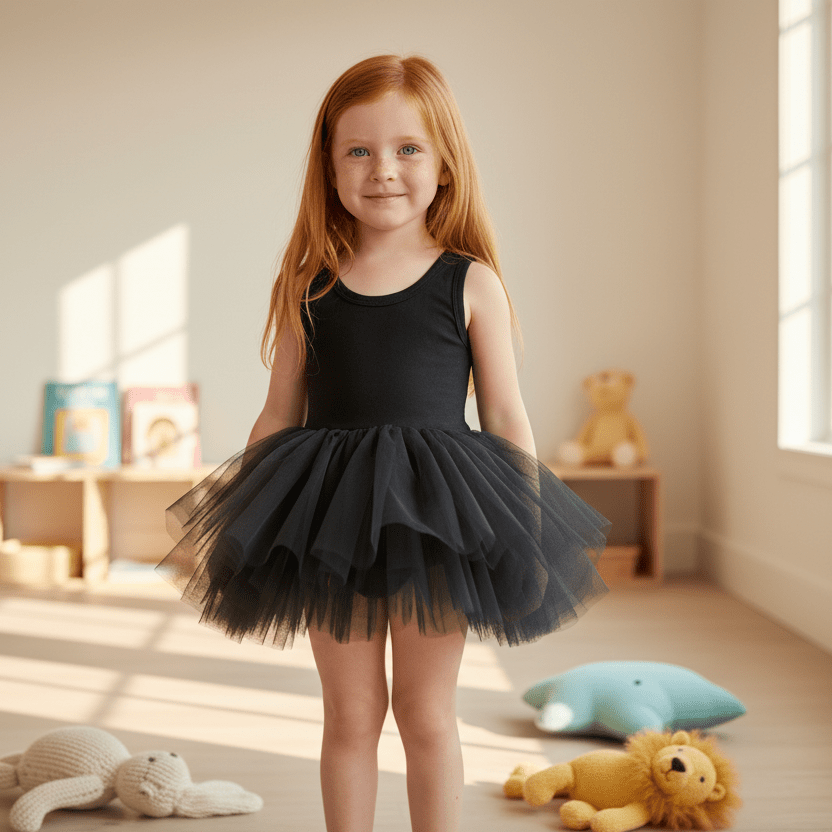 Young girl in a black tutu dress standing in a room with toys around