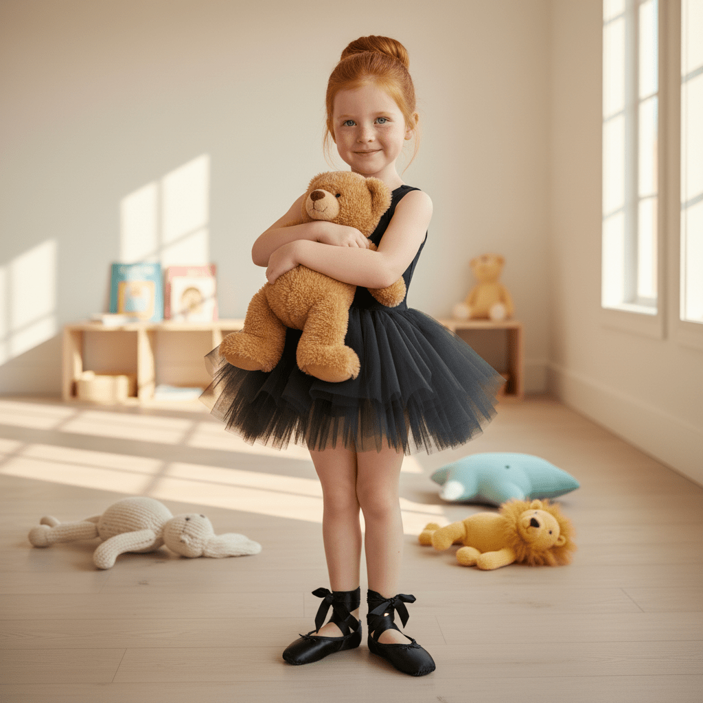 Young girl in a tutu holding a teddy bear in a sunlit room with toys around