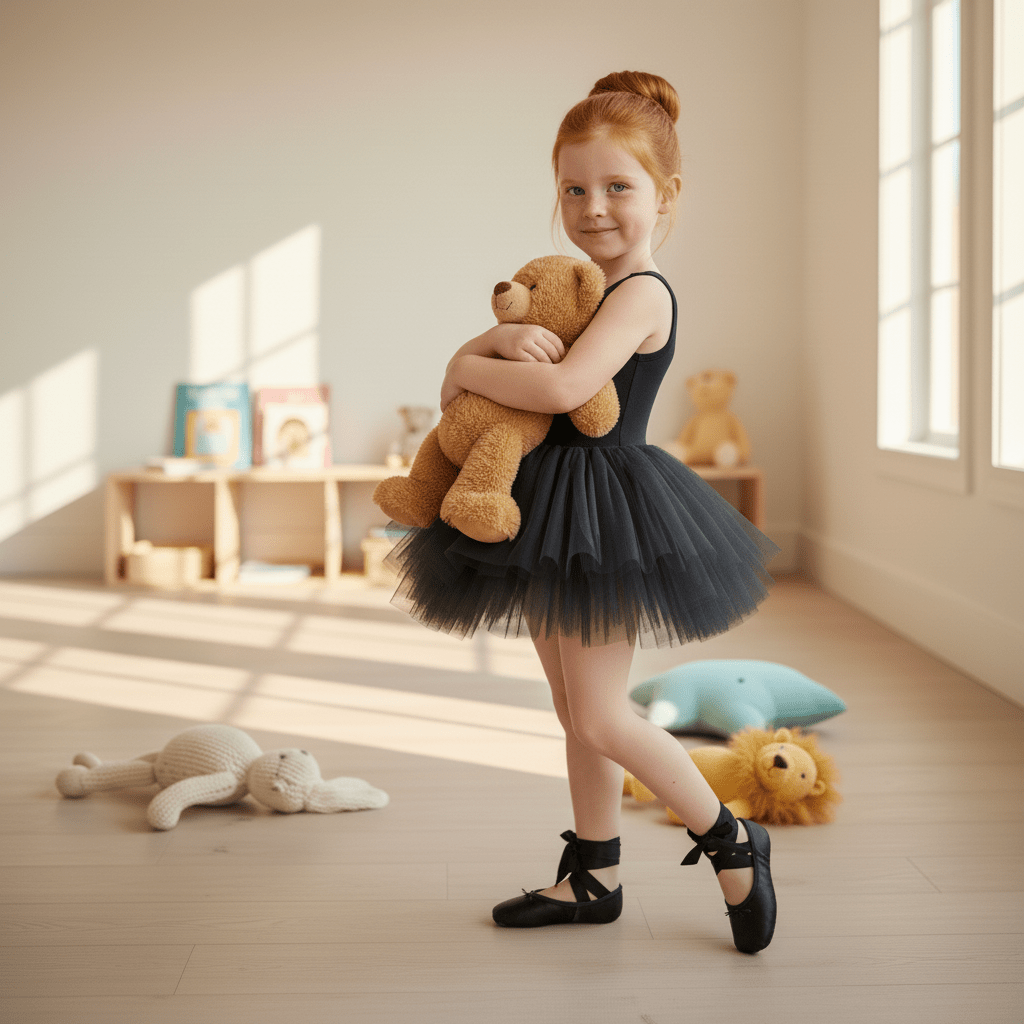 Young girl in a tutu holding a teddy bear in a room with toys on the floor.