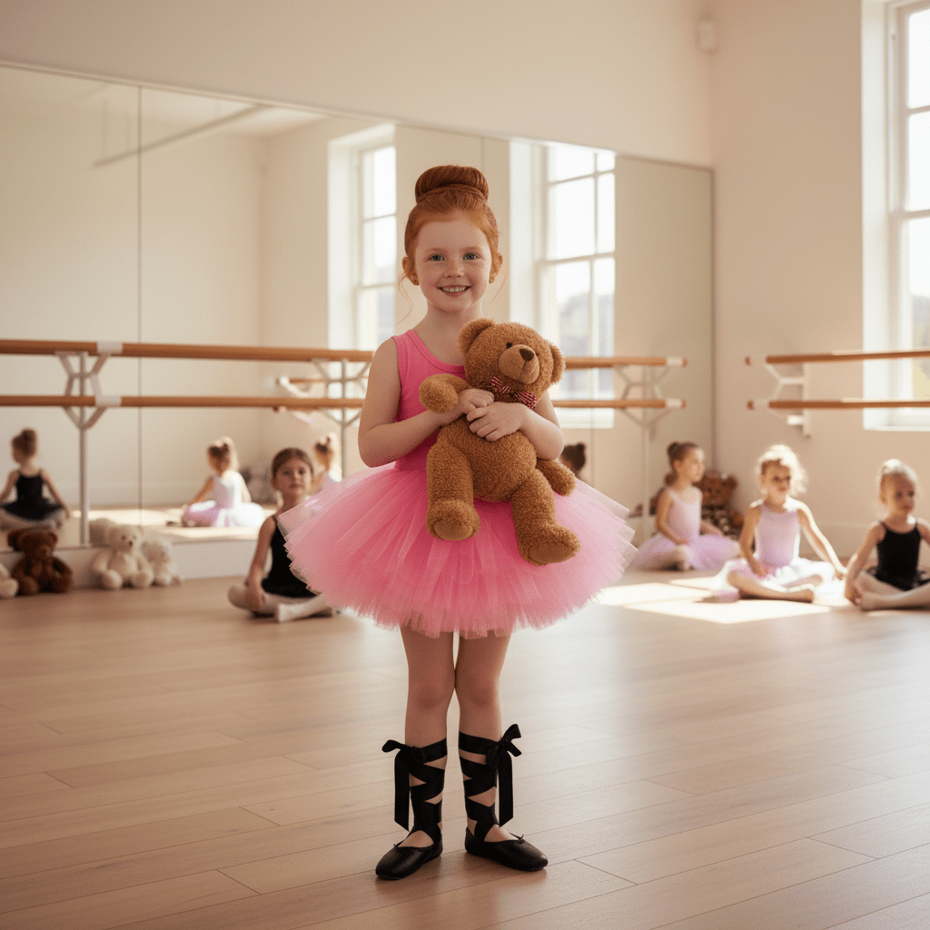 Young girl in a ballet studio wearing a pink tutu and holding a teddy bear.