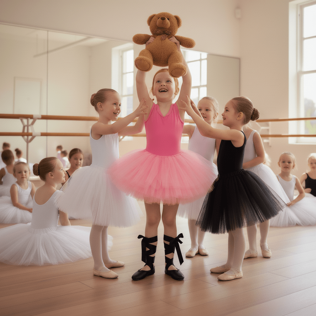 Children in ballet class with one holding a teddy bear