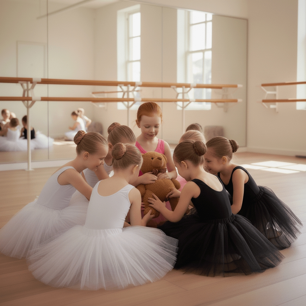 Group of young ballet dancers in a studio with a teddy bear