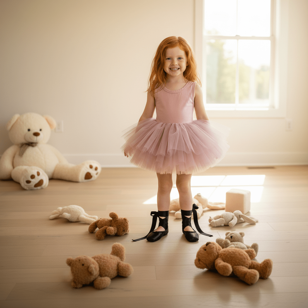 Young girl in a pink tutu standing among teddy bears in a softly lit room.