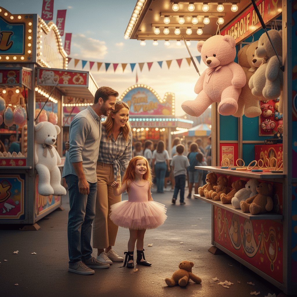 Family at a carnival with teddy bears and fairground attractions