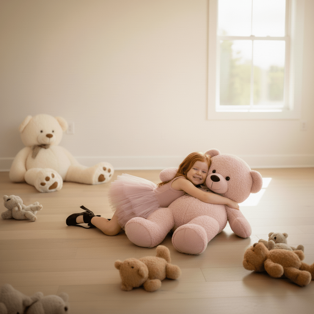 Child in a pink dress hugging a large teddy bear surrounded by other teddy bears in a softly lit room.