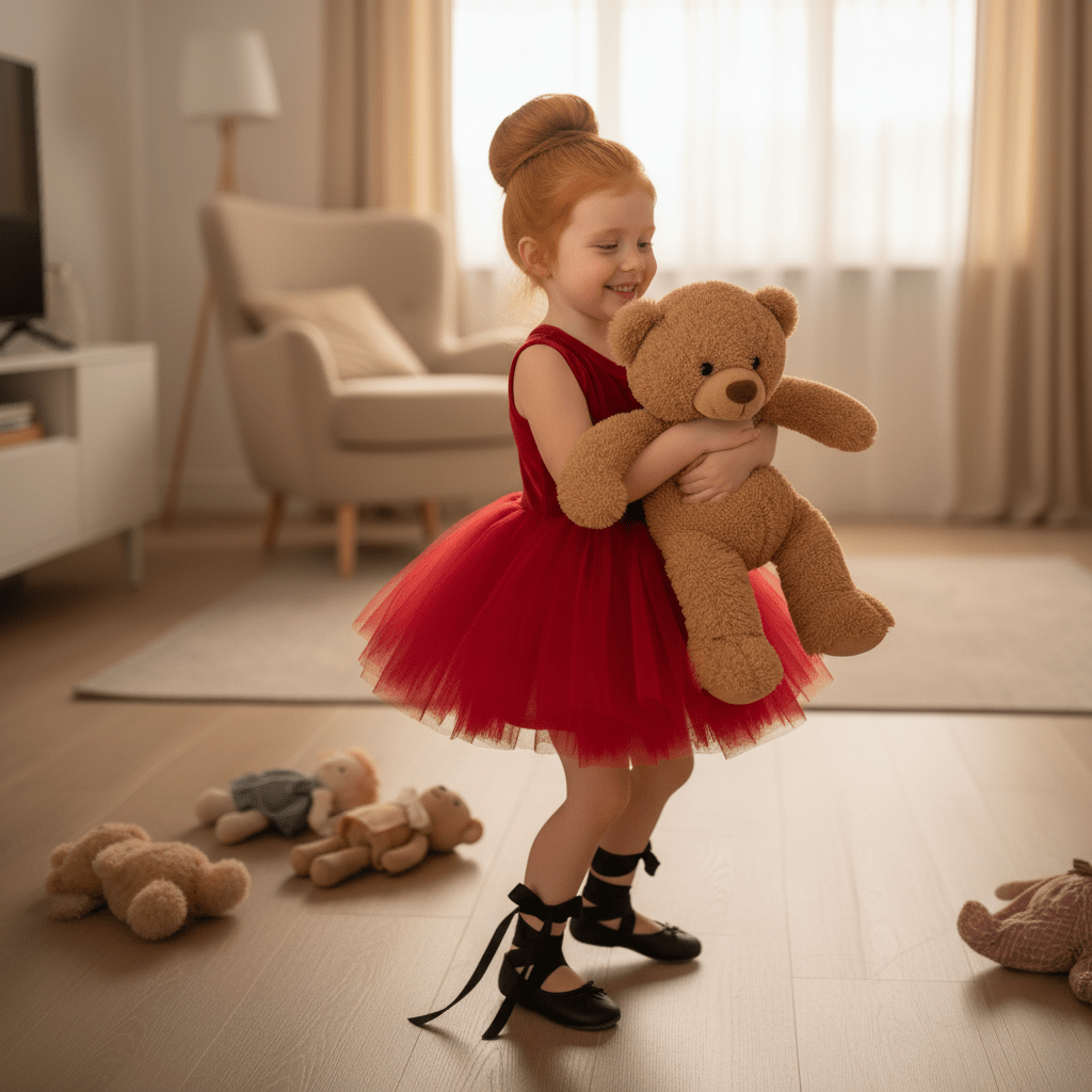 Child in a red dress holding a teddy bear in a living room.
