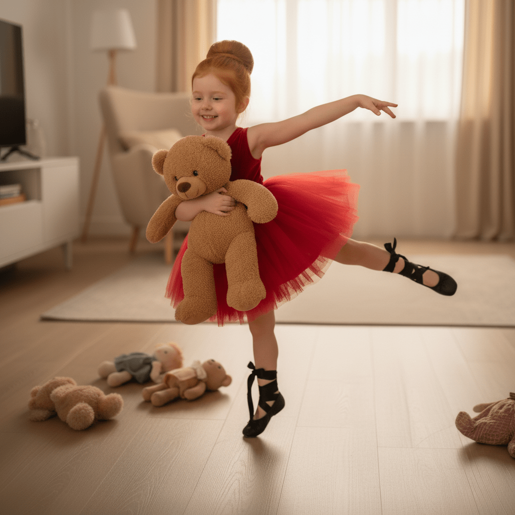Child in a red dress holding a teddy bear in a living room setting
