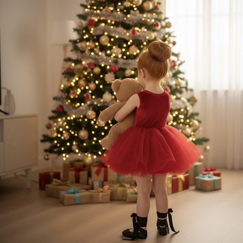 Child in a red dress holding a teddy bear in front of a decorated Christmas tree.