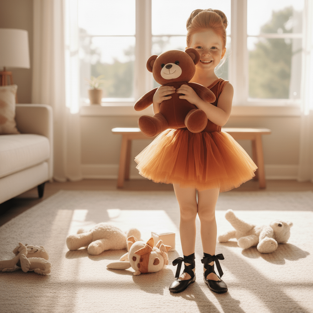 Child in an orange dress holding a teddy bear in a sunlit room with toys on the floor.