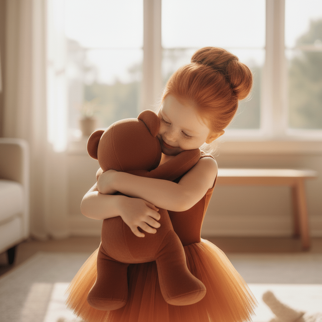 Young girl hugging a large brown teddy bear in a bright room with large windows.